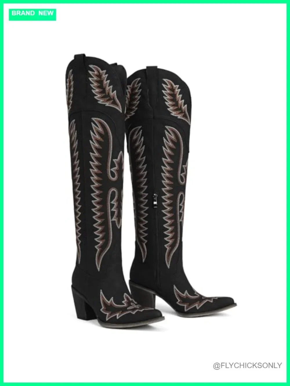 Vintage Over The Knee Cowboy Boots Chunky Heel Western Embroidery Zipper